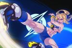  1girl bike_shorts blonde_hair blue_eyes clenched_teeth fighting_stance flying_kick high_heels kajinman kicking metroid mole mole_under_mouth muscle ponytail samus_aran smile sports_bra super_smash_bros. teeth 