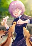  1girl ^_^ bangs black-framed_eyewear blurry blush closed_eyes day deer depth_of_field dress eyebrows_visible_through_hair fate/grand_order fate_(series) hands_up haru_(hiyori-kohal) mash_kyrielight open_mouth park plaid plaid_dress purple_hair semi-rimless_eyewear short_hair smile solo under-rim_eyewear 