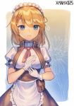  1girl apron artist_name bangs blonde_hair blue_eyes braid breasts character_request closed_mouth eyebrows_visible_through_hair french_braid frilled_apron frills girls_frontline gloves highres long_hair looking_at_viewer maid maid_apron maid_headdress medium_breasts saku_t upper_body white_apron white_gloves 