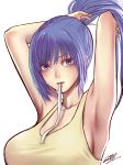  1girl absurdres armpits arms_behind_head arms_up blue_eyes blue_hair breasts close-up crop_top eddyho hairband hairband_in_mouth high_ponytail highres in_mouth large_breasts leona_heidern long_hair looking_at_viewer ponytail solo tank_top the_king_of_fighters toned tying_hair upper_body 