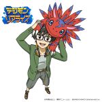  1boy black_hair blue-framed_eyewear blue_eyes brown_eyes brown_footwear claws commentary_request company_name creature creature_on_head digimon digimon_rearise elecmon green_jacket grey_legwear grey_shirt grey_shorts headphones headphones_around_neck jacket logo looking_at_viewer nakatsuru_katsuyoshi official_art open_mouth orange_headphones shirt shoes shorts simple_background smile socks tamada_keito watermark white_background 