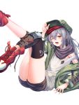  1girl ;o absurdres adjusting_clothes adjusting_hat arm_support arm_up black_legwear black_scarf black_shorts blush eyebrows_visible_through_hair g11_(girls_frontline) girls_frontline green_hat green_jacket hand_on_headwear hat highres jacket kimsw0522 knee_pads leaning_forward legs_up long_hair long_sleeves looking_at_viewer one_eye_closed open_mouth red_footwear scarf shiny shiny_hair shoes short_shorts shorts silver_hair simple_background solo strap_slip tank_top thigh-highs thighs untied_shoes white_background yellow_eyes 