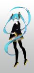  1girl bangs bare_shoulders bent_elbow black_dress black_footwear black_legwear blue_eyes blue_hair closed_mouth commentary dress eyebrows_visible_through_hair from_behind grey_background hair_between_eyes hair_ornament hatsune_miku highres horizontal_stripes long_hair looking_at_viewer ribbon_hair smile solo striped sulfur_(1453rk) very_long_hair vocaloid 