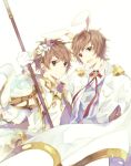  2boys animal_ears arm_around_shoulder brown_eyes brown_hair cosplay dual_persona fake_animal_ears flower gran_(granblue_fantasy) granblue_fantasy hair_flower hair_ornament knights_of_glory looking_at_viewer male_focus multiple_boys rabbit_ears red_ribbon ribbon sage_(granblue_fantasy) smile staff the_glory the_glory_(cosplay) 