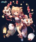  1girl :d animal_ears asymmetrical_legwear bangs black_background black_footwear black_legwear blonde_hair blush boots character_request commentary_request copyright_name dog_ears dog_girl dog_tail double_bun dress eyebrows_visible_through_hair full_body gloves hair_between_eyes jiang-ge lantern long_hair looking_at_viewer official_art open_mouth paper_lantern paw_gloves paws pelvic_curtain red_dress short_dress short_sleeves side_bun single_thighhigh smile solo standing standing_on_one_leg tail thick_eyebrows thigh-highs zhan_jian_shao_nyu 