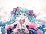  1girl backlighting detached_sleeves floating_hair green_eyes green_hair hatsune_miku heart highres long_hair nail_polish necktie open_mouth solo tatsumi3 twintails upper_body very_long_hair vocaloid 