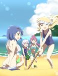  4girls :o absurdres angry ball beach beachball bikini blindfold blonde_hair blue_eyes blue_hair breasts brown_eyes collarbone crab food fruit furutani_himawari grey_hair hairband highres ikeda_chitose lens_flare medium_breasts multiple_girls ochadzuke one-piece_swimsuit oomuro_sakurako outdoors ponytail purple_hair sand sitting stick striped striped_bikini sugiura_ayano swimsuit towel violet_eyes water watermelon white_bikini yellow_eyes yuru_yuri 