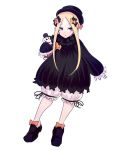  1girl abigail_williams_(fate/grand_order) bangs black_bow black_dress black_footwear black_hat black_ribbon blonde_hair bloomers blue_eyes bow disney dress eyebrows fate/grand_order fate_(series) frilled_sleeves frills full_body ginku_mh hair_bow hat holding holding_stuffed_animal legs_apart long_hair long_sleeves looking_at_viewer mickey_mouse orange_bow parted_bangs ribbon shoes simple_background sleeves_past_wrists solo straight_hair stuffed_animal stuffed_toy top_hat underwear white_background white_bloomers 
