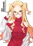  1girl bangs blonde_hair brown-framed_eyewear character_name commentary_request forehead fur-trimmed_jacket fur-trimmed_sleeves fur_trim glasses grin hair_ornament highres jacket lightning_bolt long_hair off_shoulder parted_bangs red_shirt ryuuou_no_oshigoto! sainokami_ika sharp_teeth shiarisu shirt shoulder_cutout smile solo symbol-shaped_pupils teeth two_side_up very_long_hair white_background white_jacket yellow_eyes 