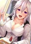  1girl bangs blurry blurry_background blush breasts cake cleavage collarbone dutch_angle eyebrows_visible_through_hair feeding fingernails food fruit hair_between_eyes highres holding indoors kanzaki_kureha large_breasts long_hair long_sleeves looking_at_viewer open_mouth original shirt sitting smile solo spoon strawberry teeth upper_body violet_eyes white_hair white_shirt window 