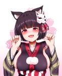  1girl :d absurdres animal_ears azur_lane bangs black_hair blunt_bangs blush breasts cat_ears eyebrows_visible_through_hair fang fox_mask highres japanese_clothes kimono kouhaku_nawa large_breasts looking_at_viewer mapar mask mask_on_head open_mouth paw_pose pom_pom_(clothes) red_eyes rope short_hair sideboob smile solo upper_body yamashiro_(azur_lane) 