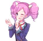  1girl ;d aikatsu! amahane_madoka bangs blue_eyes blue_jacket blush eyebrows_visible_through_hair hair_wings hands_up index_finger_raised jacket long_sleeves looking_at_viewer makiaato one_eye_closed open_mouth school_uniform shirt sidelocks smile solo starlight_academy_uniform swept_bangs twintails upper_body white_shirt white_wings wings 