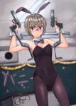  1girl absurdres animal_ears arms_up artist_name bangs bare_arms bare_shoulders black_legwear black_leotard blue_eyes blue_neckwear blurry blurry_background bow bowtie breasts bunny_girl chalkboard classroom cleavage detached_collar dreadtie dual_wielding eyebrows_visible_through_hair gluteal_fold gun handgun highres holding holding_gun holding_weapon indoors leotard light_brown_hair looking_at_viewer medium_breasts original pantyhose pistol rabbit_ears safety_glasses short_hair solo standing sweatdrop trigger_discipline weapon weapon_request wing_collar wrist_cuffs 