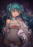  1girl aqua_eyes aqua_hair cowboy_shot elbow_gloves fang gloves goodsmile_racing hatsune_miku highres leotard long_hair open_mouth sizhai solo thigh-highs twintails very_long_hair vocaloid 