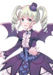  1girl :d aikatsu! bangs bat_wings blush dress drill_hair eyebrows_visible_through_hair fang green_eyes green_hair hat highres juliet_sleeves long_sleeves looking_at_viewer makiaato mini_hat mini_top_hat open_mouth puffy_sleeves purple_dress purple_hat purple_wings sidelocks simple_background smile solo top_hat toudou_yurika twin_drills white_background wings 