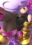  1girl ass bangs belt_collar blush breasts claws eyebrows_visible_through_hair fate/extra fate/extra_ccc fate_(series) hair_ribbon highres hips huge_breasts legs_up long_hair looking_at_viewer open_mouth passion_lip pink_eyes pink_ribbon purple_hair ribbon sash shoulder_cutout thighs very_long_hair yuzutosen 