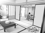  1boy bangs blunt_bangs board_game bush dated day door dosanko floor flower go grey hikaru_no_go indoors japanese_clothes kimono long_sleeves monochrome perspective playing_games seiza short_hair signature sitting solo sunlight table touya_akira vase wooden_wall 