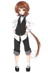  1girl brown_eyes brown_hair candy collar dress_shirt food hands_on_hips highres lollipop long_hair open_mouth original pants pants_rolled_up ponytail shirasu_youichi shirt simple_background solo waistcoat white_background 