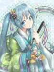  1girl akino_coto aqua_eyes aqua_hair character_doll closed_fan commentary_request fan folding_fan hair_ornament hatsune_miku highres holding holding_fan japanese_clothes kimono layered_clothing layered_kimono long_hair looking_at_viewer nail_polish open_mouth revision solo twintails vocaloid 