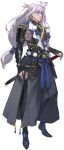  1boy antenna_hair armor black_legwear highres japanese_armor japanese_clothes katana kiwame_(touken_ranbu) kote lavender_hair long_hair low-tied_long_hair male_focus namaniku_atk official_art pom_pom_(clothes) red_eyes sengo_muramasa_(touken_ranbu) sheath sheathed side_slit smile sode sword thigh-highs touken_ranbu transparent_background weapon 