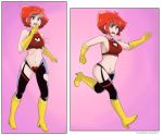  bare_arms black_legwear boots choker cutie_honey gasp gloves magical_girl open_mouth pink_background reaching red_clothes redhead ribbon short_hair shouting slow_motion stomach yellow_gloves 
