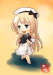  1girl :d artist_name blonde_hair blue_eyes blue_sailor_collar commentary_request cup dress gloves hat highres holding jervis_(kantai_collection) kantai_collection long_hair open_mouth sailor_collar sailor_dress short_sleeves smile solo taisa_(kari) teacup white_gloves white_hat 