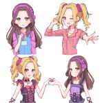  2girls :d ;d aikatsu! bangs bare_arms bare_shoulders black_dress blonde_hair blush breast_pocket brown_eyes brown_hair closed_mouth collarbone cropped_torso daichi_nono drawstring dress eyebrows_visible_through_hair forehead hair_ornament hair_scrunchie hairband heart heart_hands heart_hands_duo highres hood hood_down hoodie jacket long_hair long_sleeves looking_at_viewer makiaato multiple_girls multiple_views one_eye_closed open_mouth outstretched_arm overalls parted_bangs pink_jacket pocket purple_dress purple_hairband purple_hoodie purple_scrunchie ringlets scrunchie shirakaba_risa shirt simple_background sleeveless sleeveless_dress smile striped striped_shirt twintails v violet_eyes white_background 