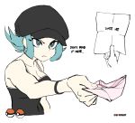  1girl bare_arms blue_eyes blue_hair breasts brekkist cabbie_hat cleavage covered_navel english hat letter love_letter medium_breasts npc poke_ball pokemon pokemon_(game) pokemon_usum proposal reaching_out short_twintails simple_background tank_top team_rainbow_rocket_grunt team_rocket text twintails white_background 