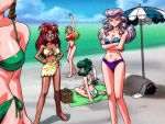  1girl 5girls 90s arm_up ayla_v_roznovsky bare_shoulders barefoot battle_athletes beach beach_umbrella bikini blanket blonde_hair blue_eyes breasts brown_hair buried closed_eyes crossed_arms dark_skin day front-tie_bikini front-tie_top green_bikini hands_on_hips jessie_gurtland large_breasts long_hair looking_at_viewer multiple_girls navel official_art open_mouth outdoors picnic_basket pink_hair red_bikini redhead round_eyewear sarong shiny shiny_skin sitting standing strapless strapless_swimsuit sunglasses swimsuit tanya_natdhipytadd umbrella violet_eyes waving wong_lio-pha 