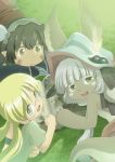  3girls animal_ears blonde_hair book brown_eyes brown_hair claws clenched_hand commentary_request eyebrows_visible_through_hair fang gauntlets glasses grass green_eyes hairband helmet highres holding holding_book looking_at_viewer lying made_in_abyss mizuki_hitoshi multiple_girls nanachi_(made_in_abyss) on_stomach open_mouth pointy_ears regu_(made_in_abyss) riko_(made_in_abyss) shirt short_sleeves sidelocks smile tail twintails whiskers white_hair 