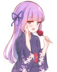  1girl aikatsu! bangs blue_ribbon blush candy_apple eyebrows_visible_through_hair floral_print food hair_ribbon hand_in_hair hand_up hikami_sumire holding holding_food japanese_clothes kimono long_hair long_sleeves looking_at_viewer makiaato obi open_mouth print_kimono purple_hair purple_kimono ribbon sash simple_background solo very_long_hair violet_eyes white_background wide_sleeves 