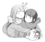  2girls ^_^ bangs blush closed_eyes dog glider_(artist) greyscale hug imagining kagamihara_nadeshiko long_hair long_sleeves monochrome multiple_girls scarf school_uniform shima_rin simple_background smile white_background yurucamp 