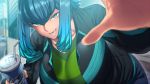  1girl aqua_eyes blue_hair breasts day eyebrows_visible_through_hair huge_breasts leaning_forward long_hair looking_at_viewer original pov sidelocks soda_cup solo space_jin tsurime zoe_(space_jin) 