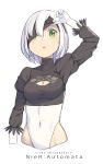  1girl 2017 :o arm_at_side arm_up artist_name black_blindfold blindfold_lift blush breasts cleavage cleavage_cutout cloba copyright_name covered_navel elbow_gloves gloves green_eyes hair_between_eyes highleg highleg_leotard highres leotard looking_at_viewer medium_breasts nier_(series) nier_automata open_mouth short_hair silver_hair simple_background sleeves_past_elbows solo tareme upper_body white_background white_gloves yorha_no._2_type_b 