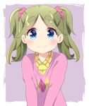  1girl absurdres agung_syaeful_anwar bangs blue_eyes blush eyebrows_visible_through_hair fang green_hair hair_ornament hair_scrunchie highres inuyama_akari long_hair long_sleeves looking_at_viewer parted_bangs pink_sweater scrunchie simple_background smile solo sweater thick_eyebrows twintails yurucamp 