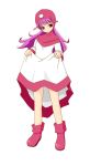  1girl breasts commentary_request curly_hair dragon_quest dragon_quest_ii dress dress_lift full hood long_hair long_sleeves looking_at_viewer mizuya_chiharu princess_of_moonbrook purple_hair skirt skirt_lift solo standing white_dress white_robe 
