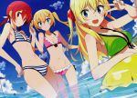  3girls :d beach bikini blonde_hair blush clouds cowboy_shot dutch_angle green_bikini holding_hands innertube joukamachi_no_dandelion looking_at_viewer official_art open_mouth pink_bikini polka_dot redhead redhead ribbon sakurada_akane sakurada_hana sakurada_hikari sky striped_bikini twin_tails v water 