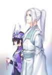  1boy 1girl black_hair blue_eyes closed_mouth dress from_side gradient gradient_background hair_tie headband headpiece height_difference holding jian_wang_3 kangetsu_(fhalei) long_hair long_sleeves looking_down mole mole_under_eye ponytail purple_dress robe silver_hair standing violet_eyes 