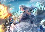  2girls apron aqua_neckwear azur_lane bangs bare_shoulders belfast_(azur_lane) black_dress black_gloves blue_eyes blue_sky bow braid breasts buttons chains cleavage clouds dress dress_lift edinburgh_(azur_lane) explosion floating_hair french_braid frilled_apron frilled_dress frills gloves hair_bow looking_at_another machinery maid maid_apron maid_headdress medium_breasts multiple_girls neckerchief one_eye_closed open_mouth outdoors round_eyewear rusk_(canvas4ban) sailor_collar silver_hair sky smoke teeth turret waist_apron water white_apron white_bow white_sailor_collar 