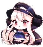  1girl bangs black_cape black_footwear black_hat blue_dress boots cape chibi commentary dress eyebrows_visible_through_hair full_body fur-trimmed_cape fur_trim girls_frontline hat iron_cross kar98k_(girls_frontline) knee_boots light_brown_hair long_hair long_sleeves looking_at_viewer mamel_27 parted_lips peaked_cap pleated_dress red_eyes shirt simple_background sleeves_past_wrists solo v-shaped_eyebrows very_long_hair white_background white_shirt 