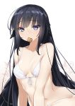  1girl 47agdragon bangs black_hair blush bra breasts eyebrows_visible_through_hair fang front-tie_bra half-closed_eyes half_updo head_wings highres long_hair medium_breasts mouth_hold original purple_hair sidelocks solo underwear upper_body walnut_(food) white_bra 