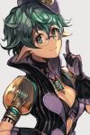  1girl bangs bent_elbows black_gloves bra breasts choker cleavage closed_mouth glasses gloves green_hair hair_between_eyes hand_on_hip hankuri hat pointing pointing_up pointy_ears saika_(xenoblade) short_hair smile solo underwear upper_body white_background xenoblade_2 