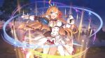  1girl armor blue_eyes breasts cygames food hair_ribbon official_art one_eye_closed onigiri orange_hair pecorine princess_connect! ribbon shoulder_armor sword tiara weapon 