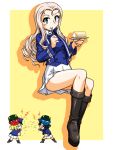 3girls andou_(girls_und_panzer) angry bc_freedom_military_uniform beans black_footwear black_hair blonde_hair blue_hat blue_jacket blue_oni blue_vest boots chibi closed_mouth commentary_request dark_skin dress_shirt drill_hair eating food food_on_face food_request fork full_body girls_und_panzer green_eyes grimace hat high_collar holding invisible_chair jacket lightning_bolt long_hair long_sleeves looking_at_viewer marie_(girls_und_panzer) medium_hair millipen_(medium) miniskirt multiple_girls oni oosaka_kanagawa oshida_(girls_und_panzer) outside_border plate pleated_skirt red_oni shadow shako_cap shirt sitting skirt standing throwing traditional_media vest white_skirt yellow_background 