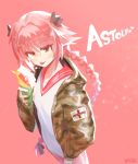  1boy artist_name astolfo_(fate) bangs bespectacled black_bow bow braid camouflage_jacket character_name closed_mouth clothes_writing commentary crepe double_vertical_stripe eating eyebrows_visible_through_hair eyelashes eyes_visible_through_hair fang fate/apocrypha fate_(series) food from_above glasses hair_between_eyes hair_bow hair_intakes half-closed_eyes hand_up holding holding_food hood hood_down hooded_jacket jacket long_hair long_sleeves looking_at_viewer looking_up male_focus multicolored_hair open_clothes open_jacket pants patch pink_background pink_hair red_eyes red_pants red_sailor_collar sailor_collar semi-rimless_eyewear shiny shiny_hair shirt simple_background single_braid smile solo sparkle streaked_hair tongue tongue_out trap two-tone_hair under-rim_eyewear very_long_hair white_hair white_shirt wootsang yellow-framed_eyewear 