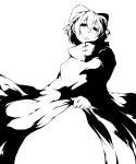  1girl bow closed_mouth commentary_request dress dress_lift ears greyscale hair_bow highres light_frown looking_at_viewer monochrome no_legs sekibanki short_hair simple_background solo touhou yurakokko 