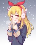  1girl :o aikatsu! animal_earmuffs bangs black_coat blonde_hair blush breath bunny_earmuffs earmuffs eyebrows_visible_through_hair hair_ribbon hairband hands_up head_tilt hoshimiya_ichigo long_hair long_sleeves looking_at_viewer makiaato open_mouth outdoors red_eyes red_hairband red_ribbon ribbon snowing solo 