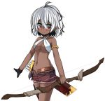  1girl armlet arrow bikini_top bow_(weapon) breasts dark_skin gloves highres holster looking_at_viewer medium_breasts mole mole_under_eye navel original quiver red_eyes shirasu_youichi short_hair shorts silver_hair simple_background solo thigh_holster weapon 