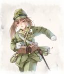  1girl brown_hair gloves hat imperial_japanese_army imperial_japanese_navy longmei_er_de_tuzi military military_hat military_uniform original pouch running sheath sheathed solo sword twintails uniform weapon 