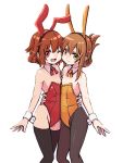  2girls animal_ears black_legwear bow bowtie brown_eyes brown_hair bunny_tail bunnysuit commentary_request cowboy_shot detached_collar flat_chest folded_ponytail ikazuchi_(kantai_collection) inazuma_(kantai_collection) kantai_collection leotard long_hair multiple_girls neck_ribbon one_eye_closed open_mouth pantyhose rabbit_ears red_eyes red_leotard red_neckwear ribbon short_hair simple_background smile standing strapless strapless_leotard tail thigh-highs unagiman white_background wrist_cuffs yellow_leotard yellow_neckwear 
